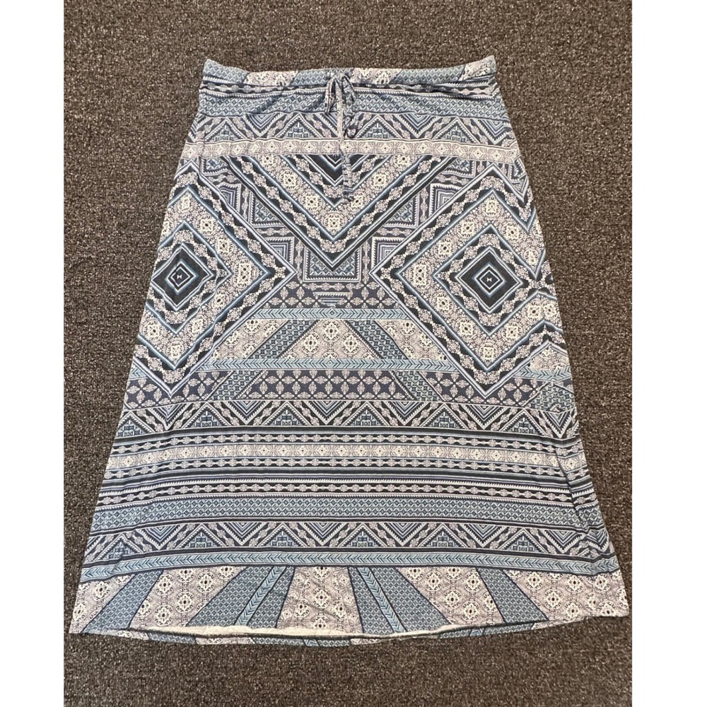 J. Jill Blue Geometric Tile Print Jersey Maxi Skirt Womens L Stretch Knit Boho